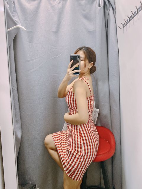 Đầm caro linen đỏ và vàng cột hai dây nơ - Luna Dress