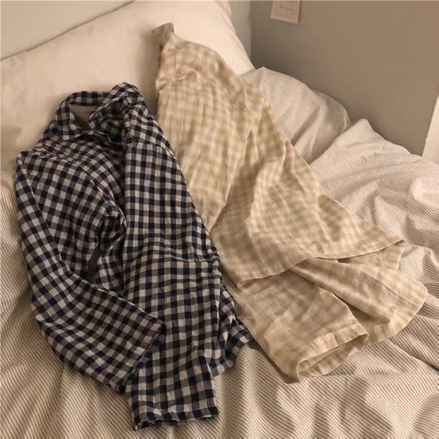 [Order taobao] Set pijama dài quần, áo dài kẻ caro ullzang Hàn Quốc