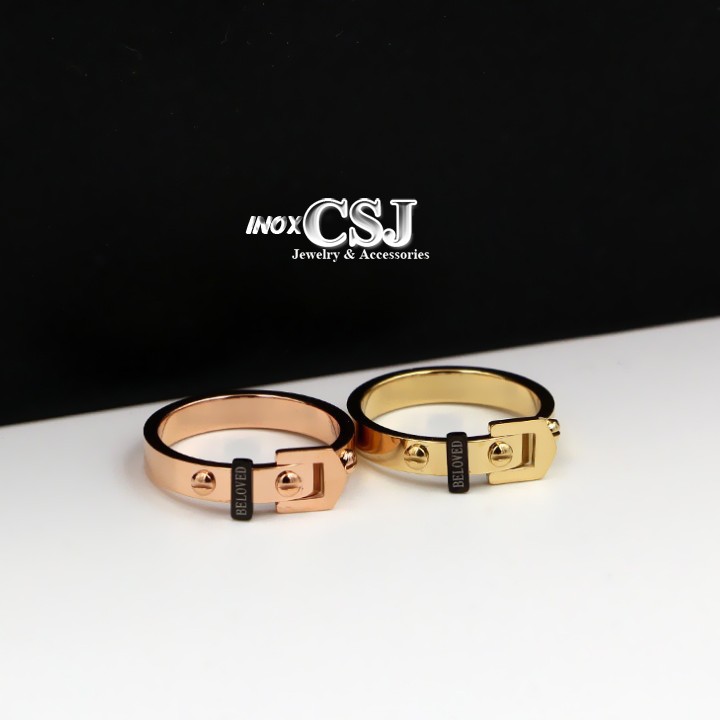 nhẫn titan cao cấp hình dây nịt màu vàng siêu độc - tặng hộp đựng xinh xắn