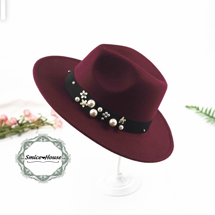 Nón phớt fedora retro vành rộng vải dạ nỉ mũ jazz đính hạt sang trọng dành cho cả nam và nữ hàng cao cấp