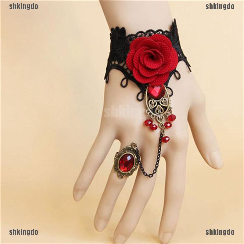 Vòng tay ren hoa hồng đỏ phong cách gothic có thể điều chỉnh kích cỡ