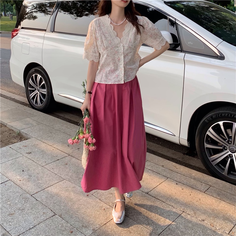 Áo kiểu BH tay ngắn cổ chữ V phối ren thời trang mùa hè 2022 cho nữ
