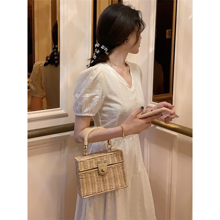 Váy trắng nữ hoa nổi đầm tiểu thư nhẹ nhàng sang trọng kín đáo chụp ảnh dạo phố dự tiệc Kawaii Mise