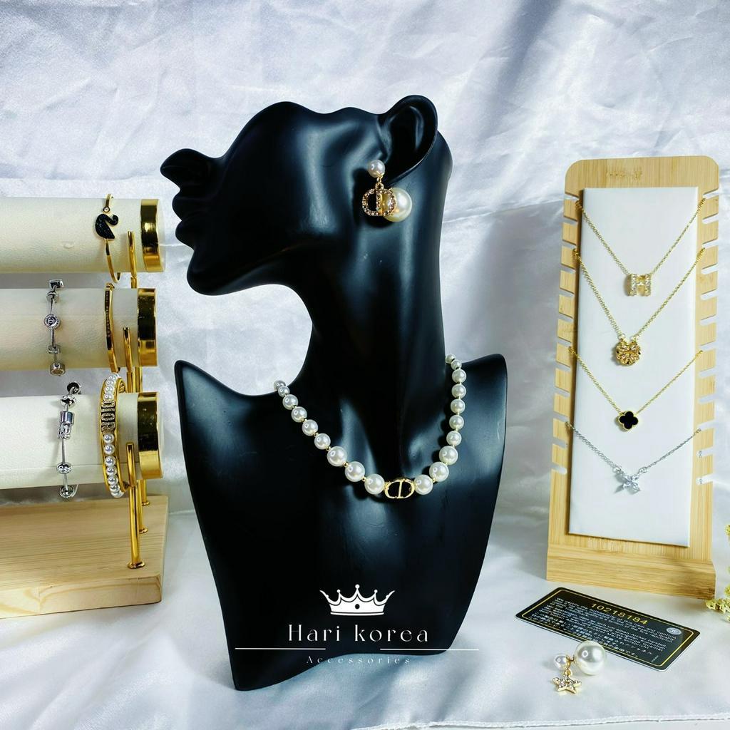 Sét trang sức ngọc CD gồm dây chuyền &amp; khuyên tai vòng cổ ngọc sang chảnh phụ kiện trang sức Hari korea accessories