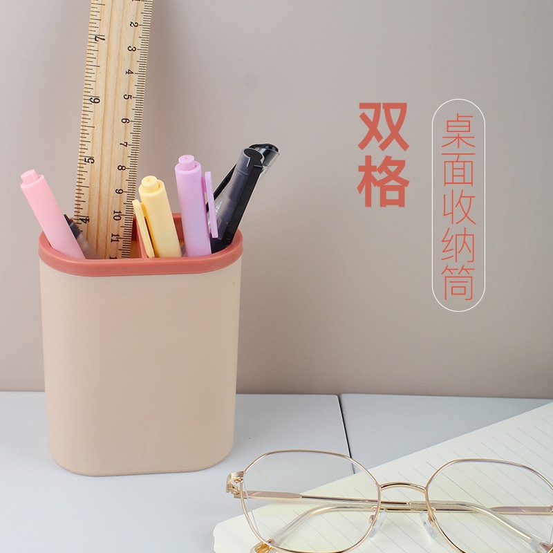 Hộp đựng bút 2 ngăn nhựa để bàn làm việc văn phòng kiểu dáng Hàn Quốc cute, ống đựng bút  gắn sticker xinh xắn - HOKAMI