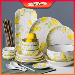 Đĩa đựng đồ ăn, đĩa sứ màu chanh vàng lá xanh đĩa decor phụ kiện bàn ăn phong cách Bắc Âu