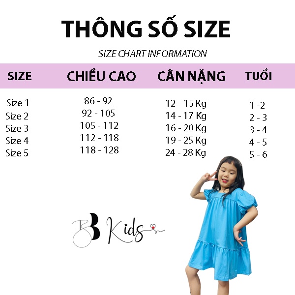 Váy Tay Bồng BB KIDS Chất Cotton Cho Bé Màu Xanh Thiên Thanh