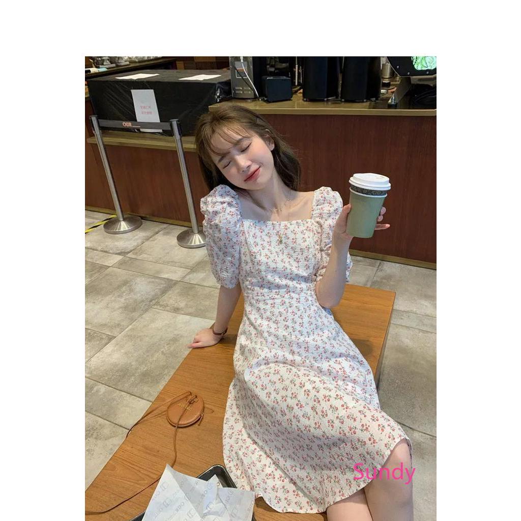 Đầm Cổ Vuông In Họa Tiết Hoa Phong Cách Retro Pháp Nữ Tính Cho Mùa Hè