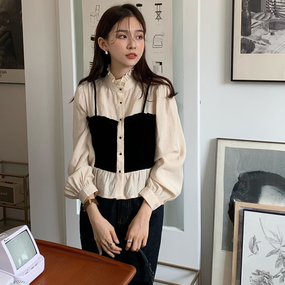 Áo Sơ Mi Tay Phồng Ngắn Cổ Đứng Hai Dây Thời Trang Mùa Xuân Kiểu Retro