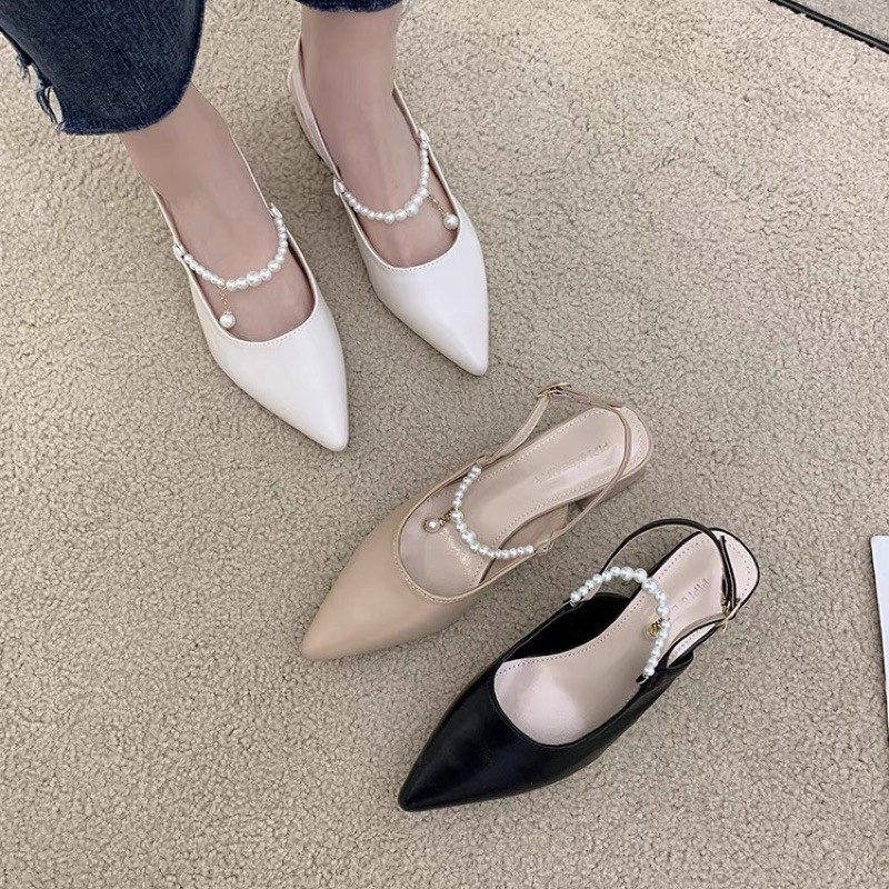 Giày sandal hở gót ulzzang mũi nhọn quai ngọc đế vuông cao 5cm