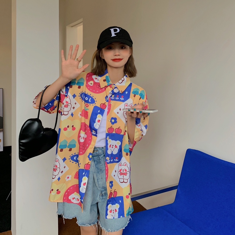 Áo Sơ Mi Tay Ngắn Dáng Rộng In Họa Tiết Dễ Thương Thời Trang Mùa Hè Cho Nữ