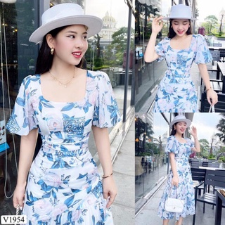 Đầm dự tiệc sang trọng - Sang chảnh Váy hoa dáng xòe cổ vuông Lụa hàn mềm mịn cực kì thoải mái