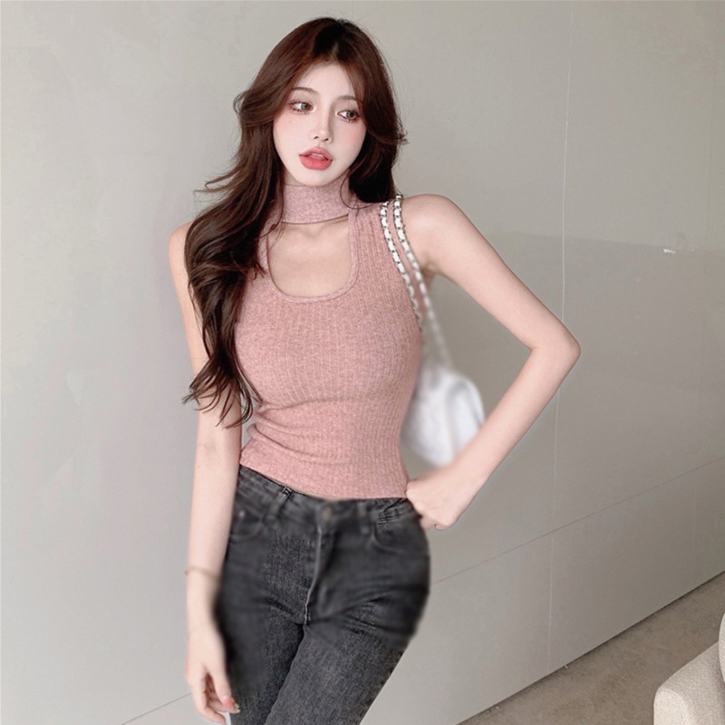 Áo Croptop Dệt Kim Sát Nách Cổ Lọ Màu Sắc Đơn Giản Nhẹ Nhàng Cho Nữ