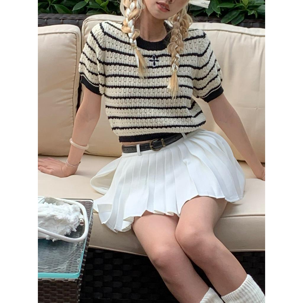 Áo Thun Dệt Kim Cổ Tròn Họa Tiết Kẻ Sọc 61445