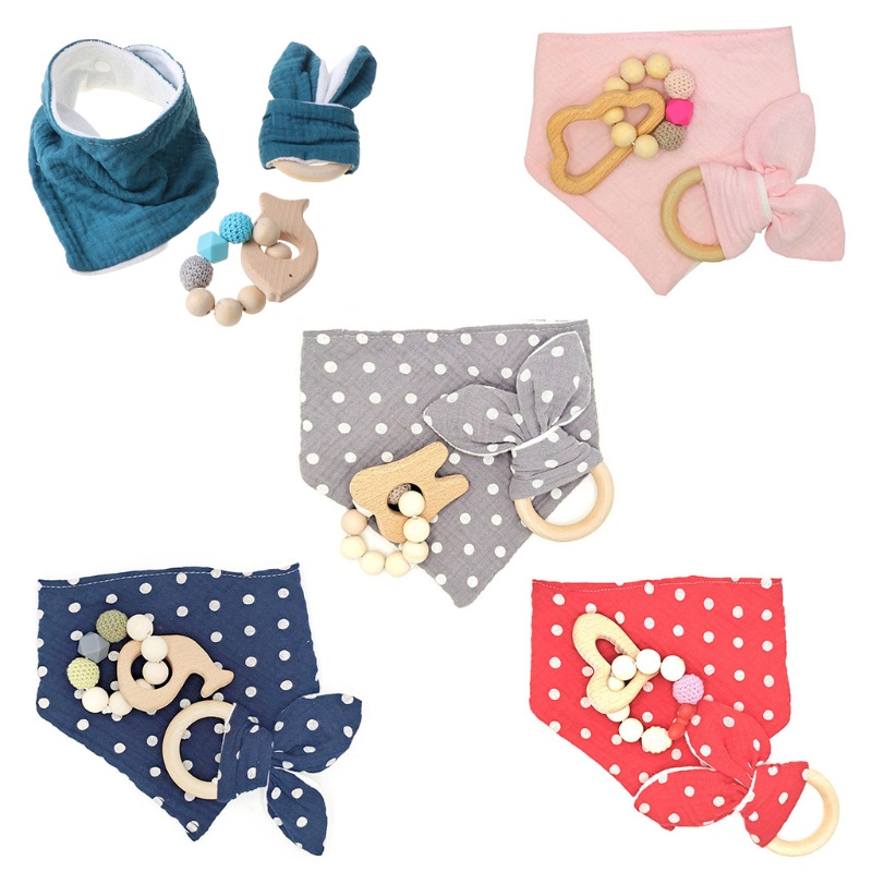 Set 3 Yếm Ăn Cotton Hình Tam Giác Có Núm Ti Giả Cho Bé