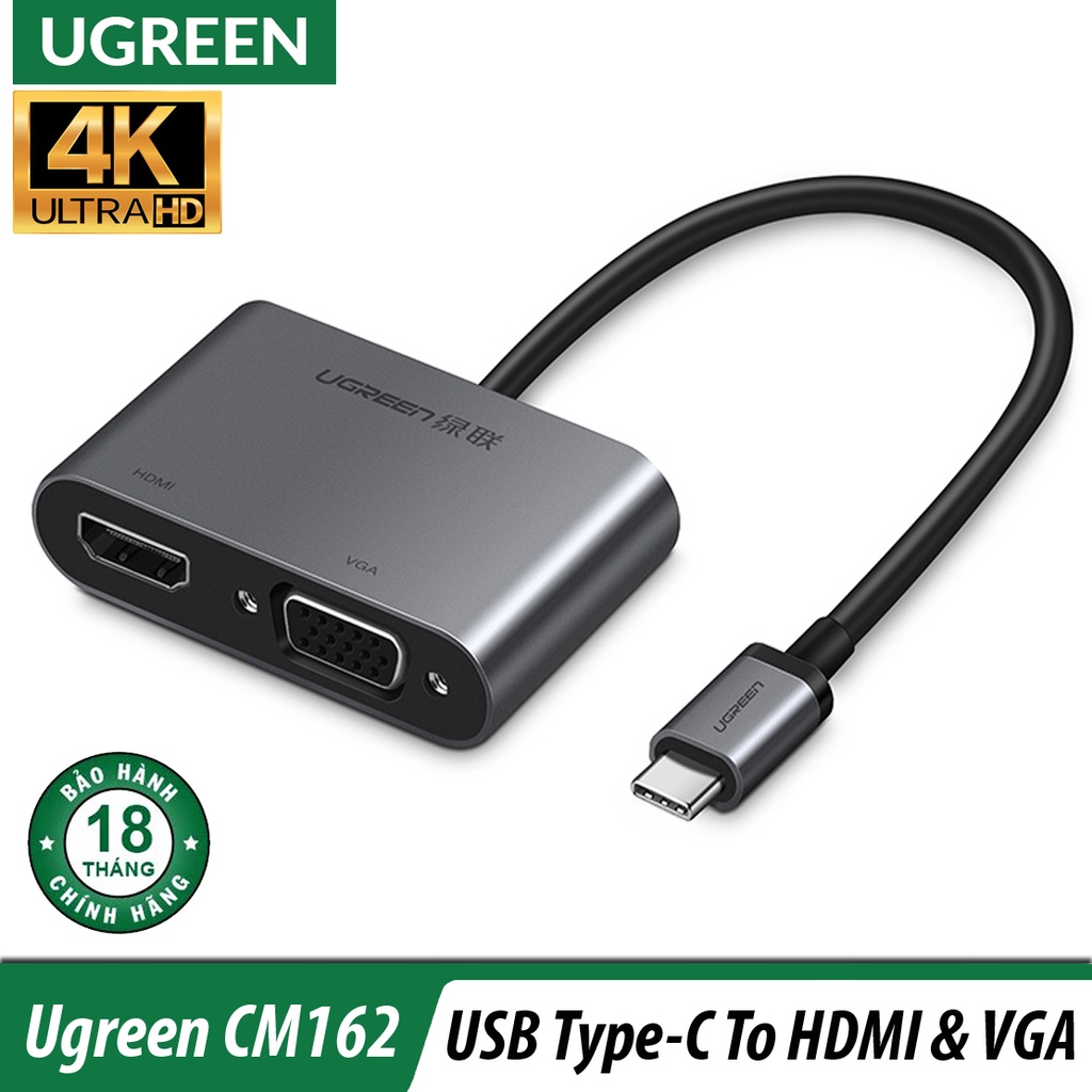 Cáp Chuyển USB Type-C Ra HDMI & VGA Cao Cấp UGREEN CM162 Chính Hãng Hỗ trợ HDMI 4K*2K@30Hz; VGA 1920*1080@60Hz