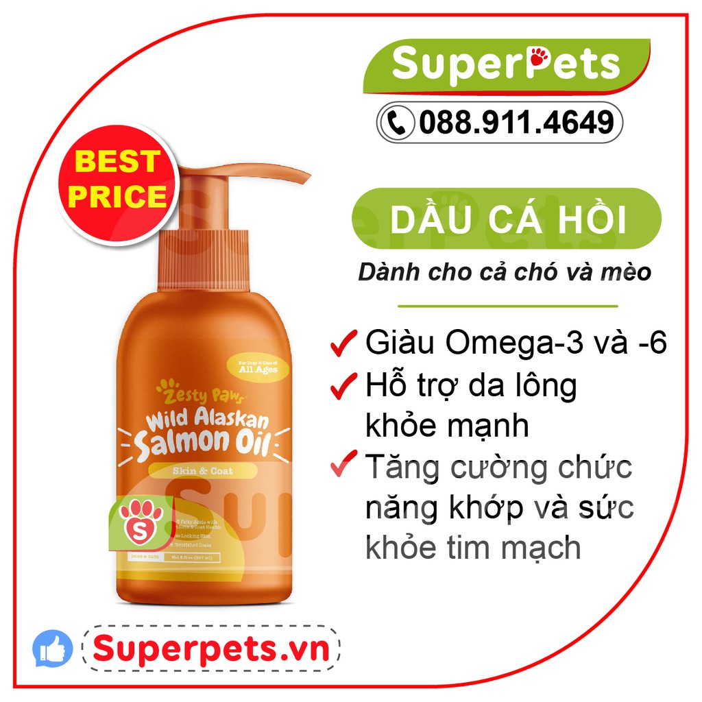 DẦU CÁ HỒI ZESTY PAWS HỖ TRỢ DA VÀ LÔNG CHO CHÓ VÀ MÈO-Zesty Paws Pure Salmon Oil Skin & Coat Support Dog & Cat Suppleme