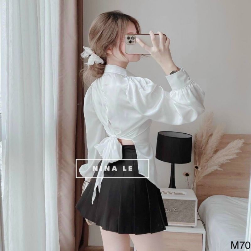 ÁO VOAN CỔ BẺ THẮT NƠ EO TAY PHỒNG VKVGB18