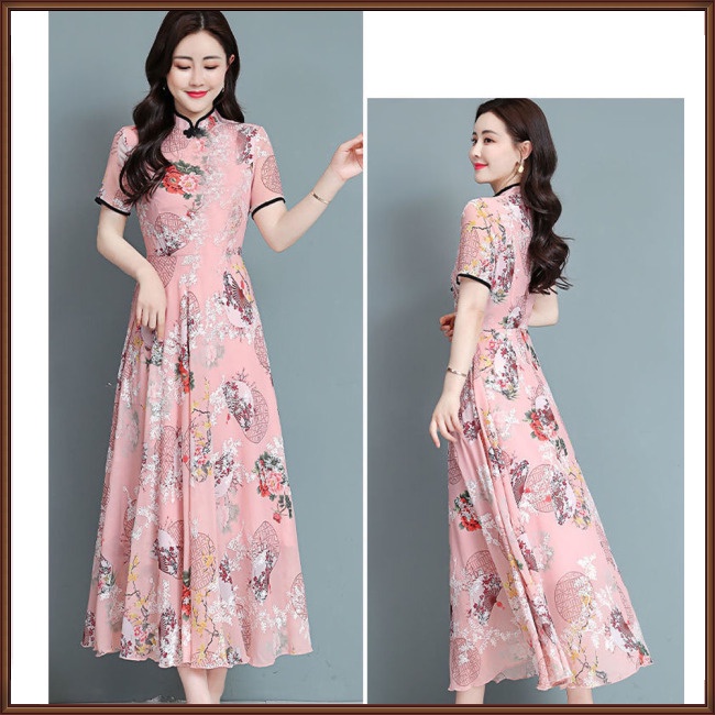 Đầm Sườn Xám Lưng Cao In Họa Tiết Hoa Phong Cách Trung Hoa Thời Trang Cho Phụ Nữ Trung Niên