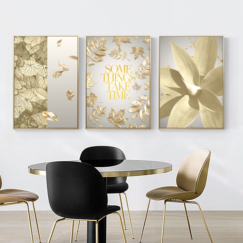 Bộ 3 tranh treo tường hiện đại trừu tượng nghệ thuật lá vàng may mắn bóng kiếng hoặc vải canvas 2793 - b