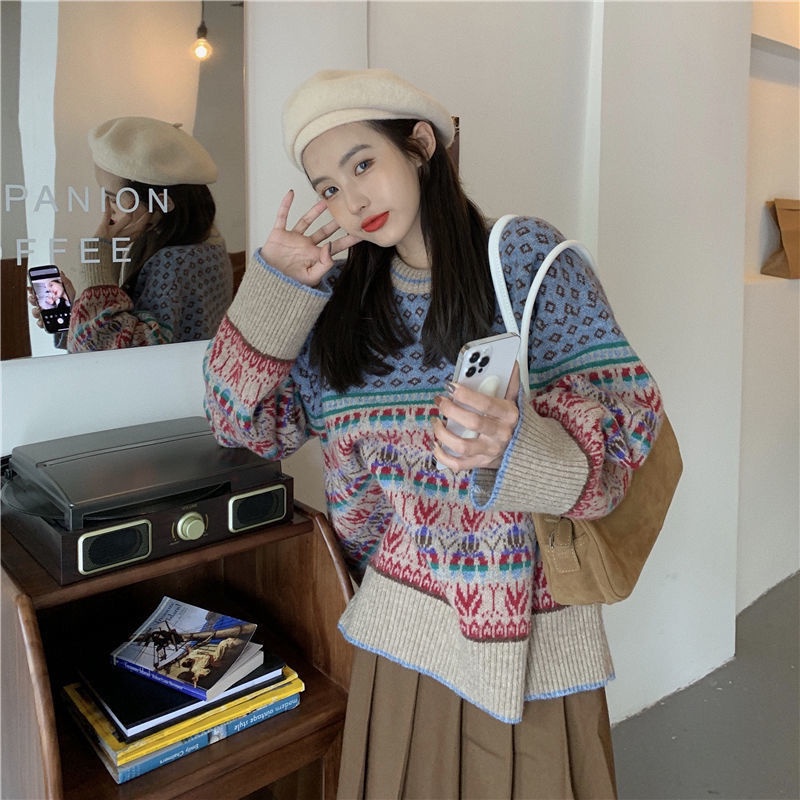 Áo Khoác Len Tay Dài Dáng Rộng Dày Dặn Phong Cách Retro Cho Nữ