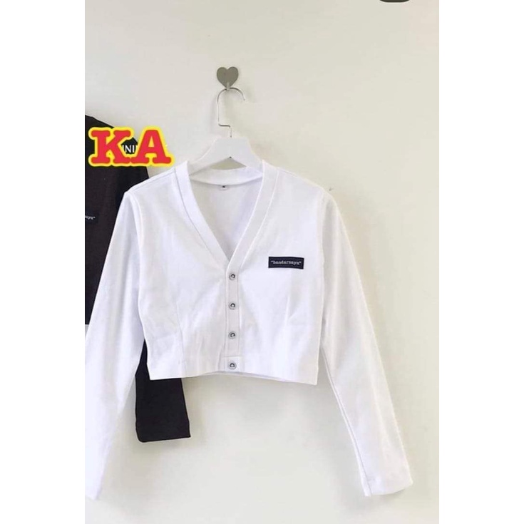 Áo crotop thun tăm dài tay logo cổ V 1 màu trắng dễ phối đồ đi làm đi chơi đều được