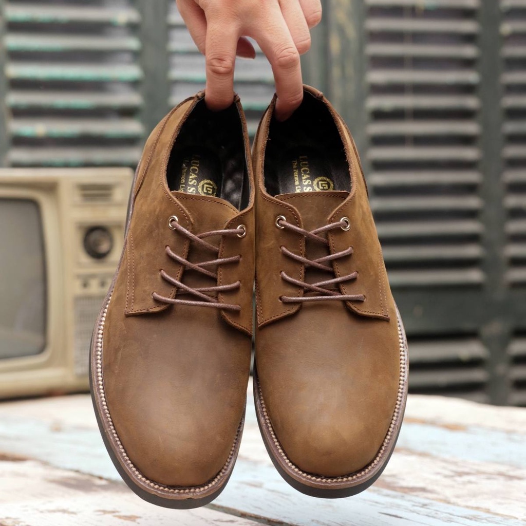 Giày da nam da bò sáp ngựa Derby Crazy Horse 01, phong cách bụi bặm, Lucas Shoes, bảo hành 1 năm