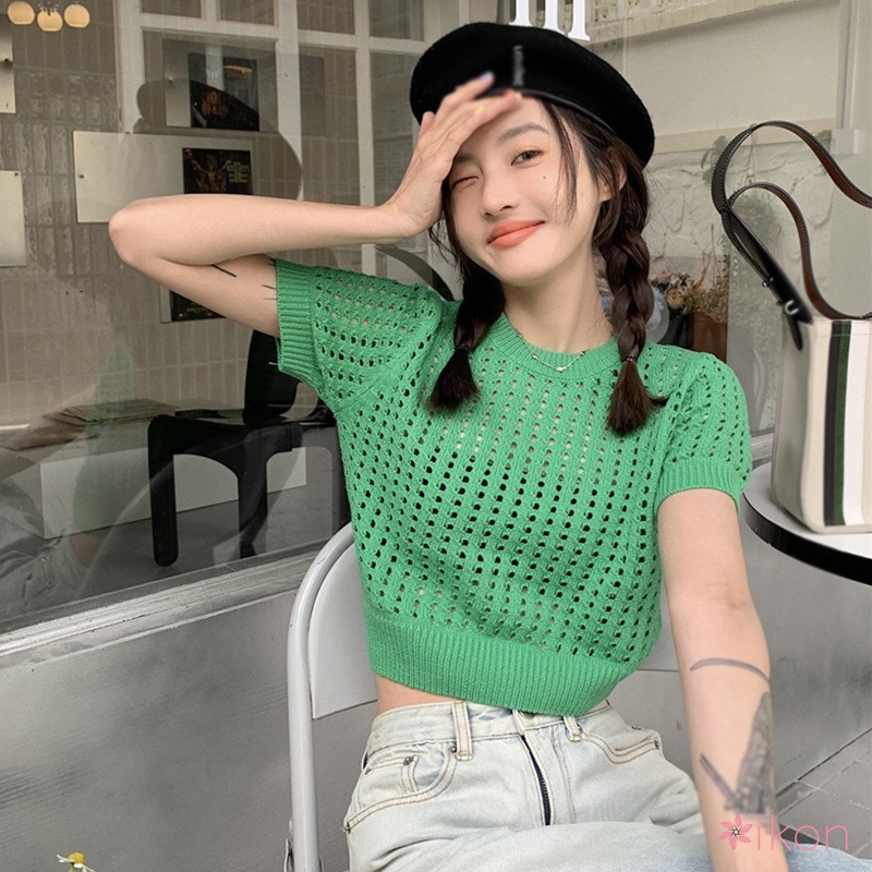 Áo Croptop Tay Ngắn Dáng Rộng Phối Lưới Thoáng Khí Phong Cách Hàn Quốc Cho Nữ