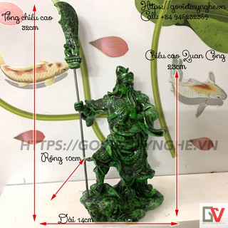 Tượng đá Quan Công phong thuỷ - Quan công chống đao - Chiều cao 23cm- không tính đao- - Màu xanh lục bích
