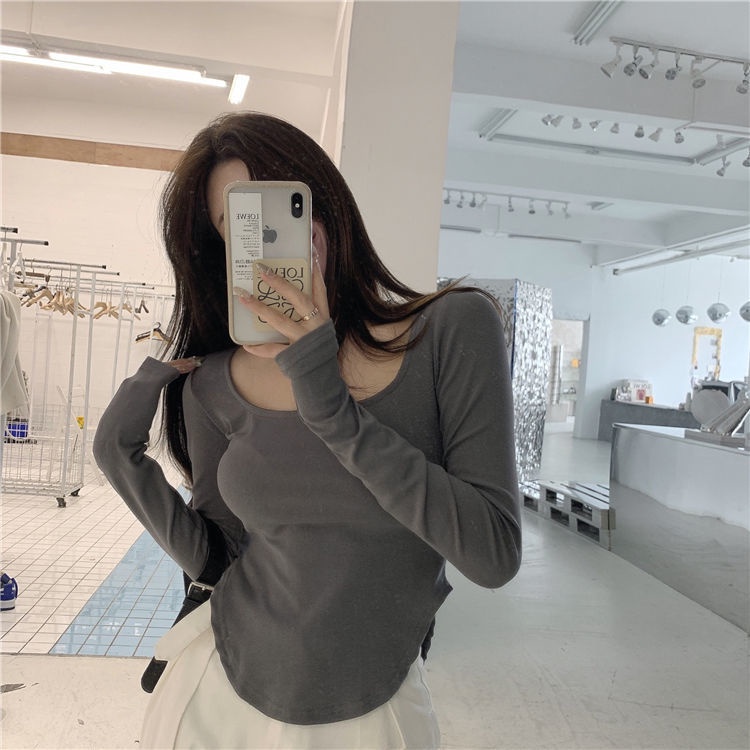 Áo thun COZOK tay dài cổ chữ U phong cách Hàn Quốc