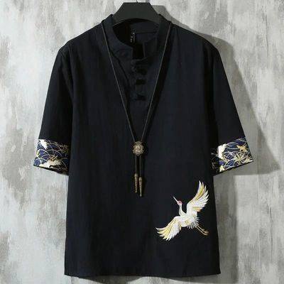 Áo Thun Cotton Lanh Mỏng Tay Ngắn Dáng Rộng Thêu Hình Chim Hạc Phong Cách Trung Hoa Cho Nam