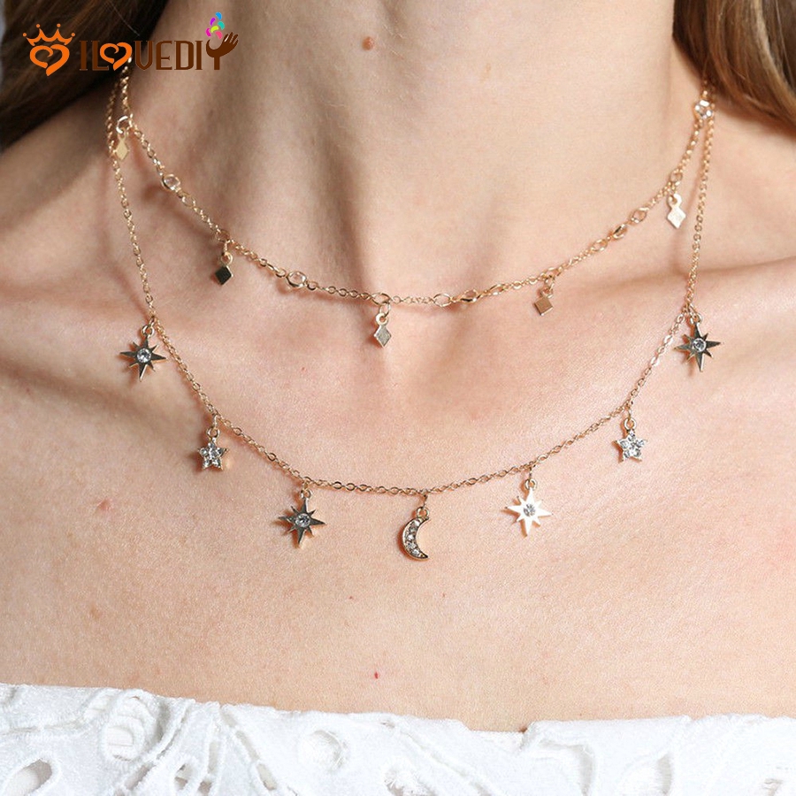 Dây chuyền choker nhiều lớp hình mặt trăng và ngôi sao