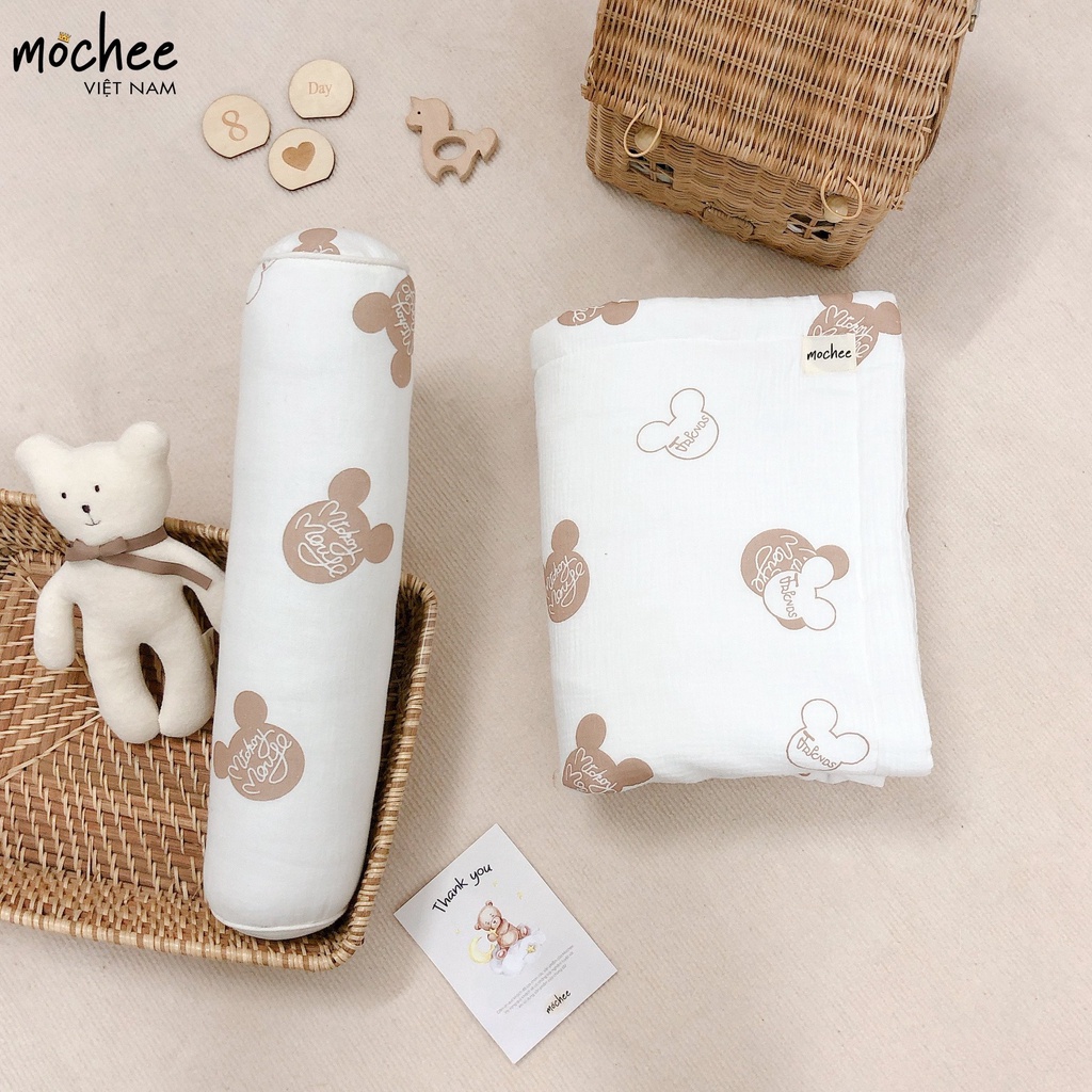 Gối ôm muslin cho bé Mochee 15x50cm, gối ôm trẻ em vải xô cotton họa tiết - Monnie Kids