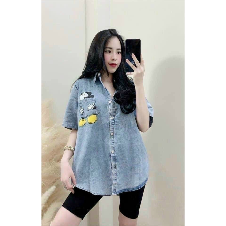 Set sơ mi nữ jean form rộng tay ngắn thêu hình chuột mix quần ngố lss