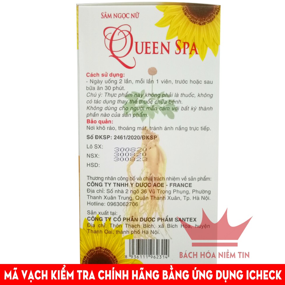 Viên uống đẹp da Sâm tố nữ Queen Spa - Hộp lọ 30 viên thành phần 100% thảo dược thiên nhiên -bổ sung Collagen, Vitamin