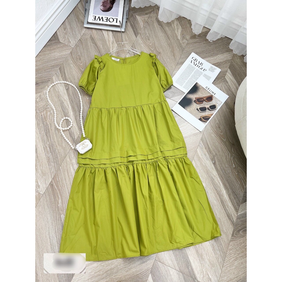 ￼Váy bầu cổ vuông babydoll dáng dài xoè bèo tay bồng chất đũi tơ xước sang chảnh mặc đi biển, đi chơi MĐ95