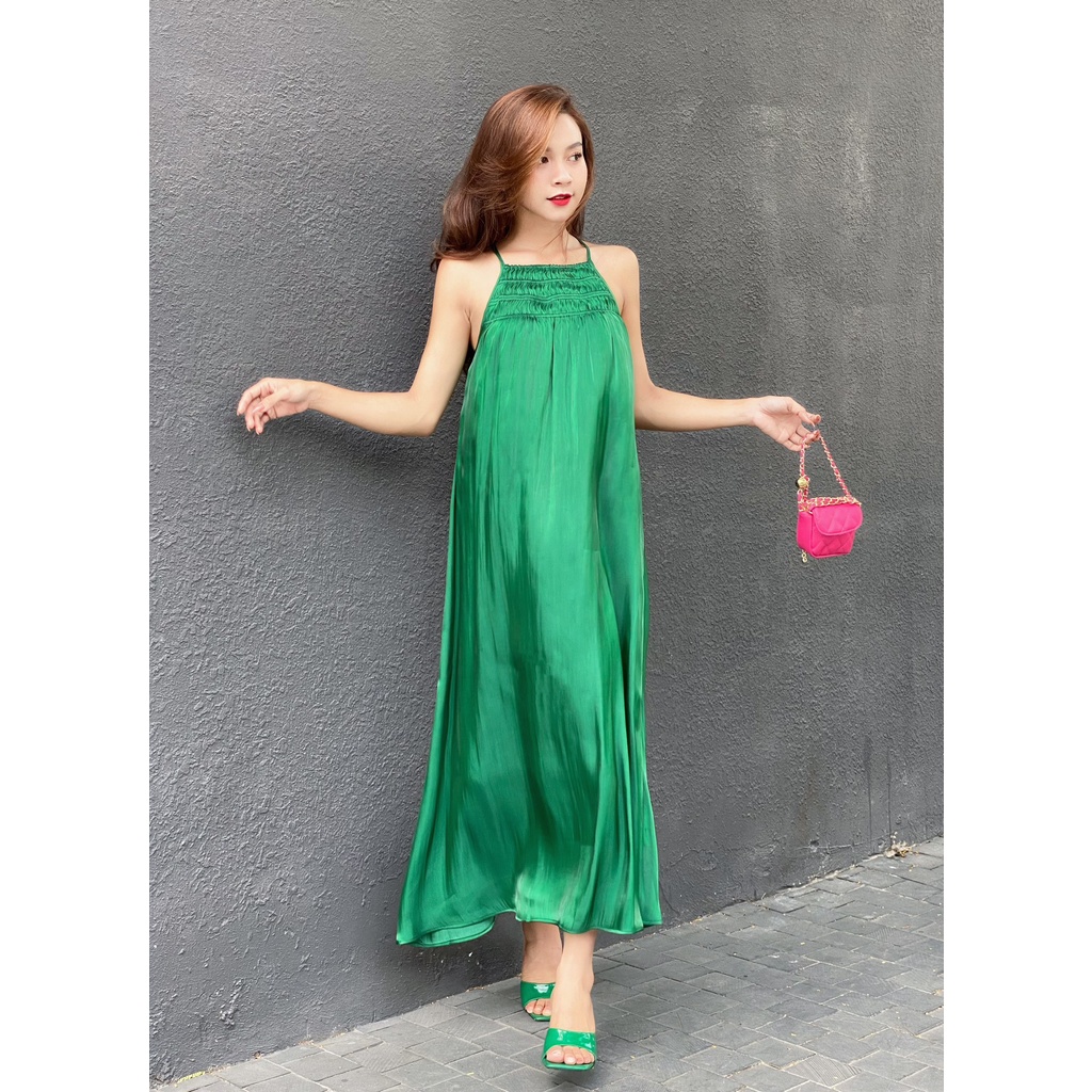 Đầm yếm maxi, váy đi biển Shimmer sang chảnh lụa organza cao cấp JOVEN, thiết kế cổ nhún suông dáng dài