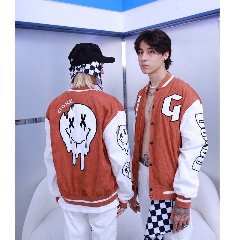 Áo varsity jacket Unisex Form rộng nhung tăm 2 lớp Hình thêu 100% Màu cam. Áo khoác bomber nam nữ Gonz Bóng chày