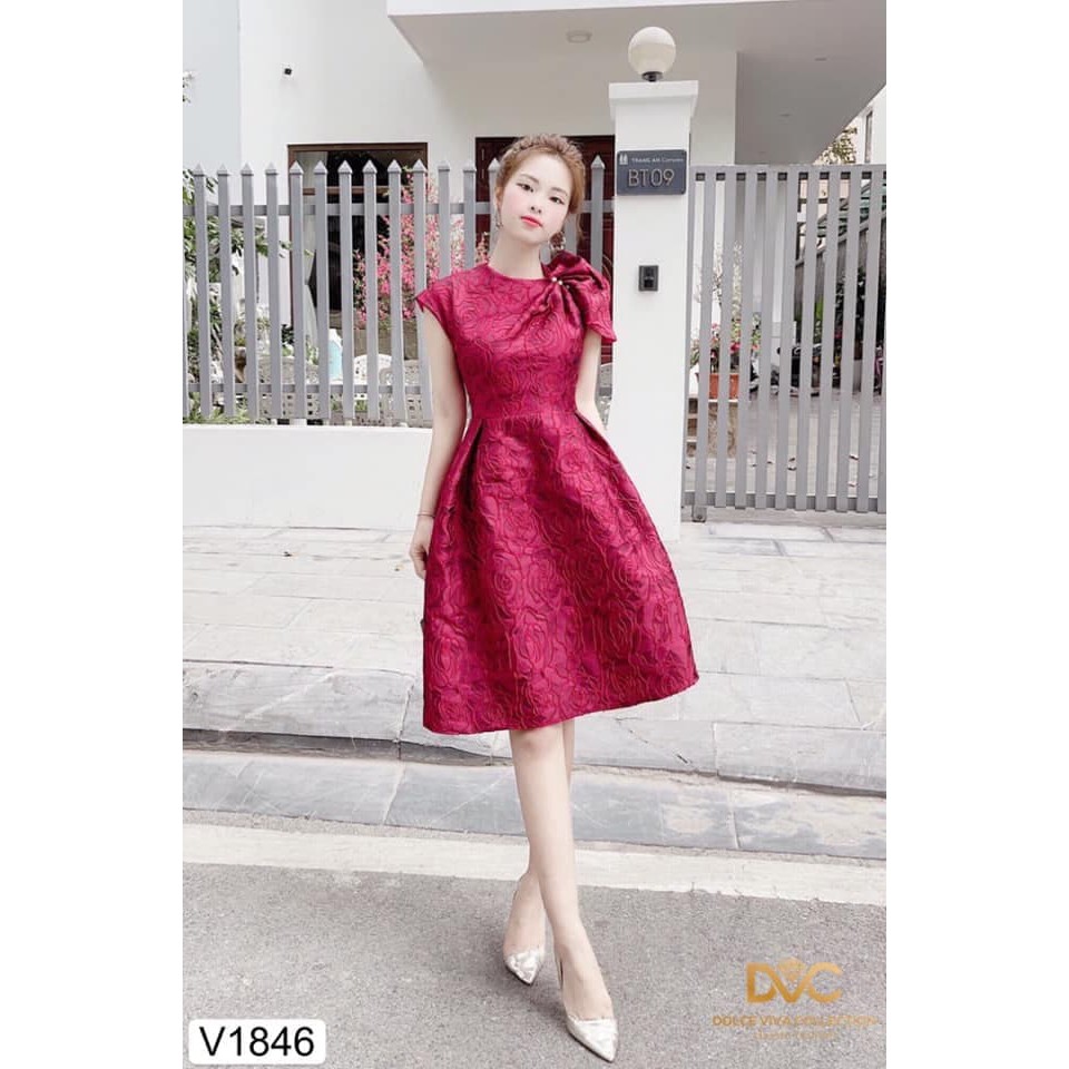 Đầm thiết kế chất gấm hàn cao cấp in hoa nổi tôn dáng V1846 - HELASHOP [Kèm ảnh thật]