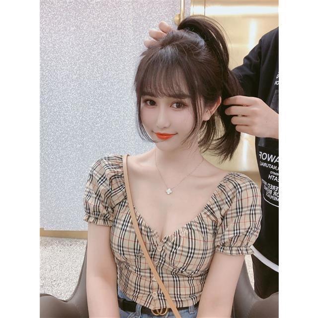 Áo Sơ Mi Tay Ngắn Cổ Chữ V Hoạ Tiết Sọc Ca Rô Phong Cách Retro