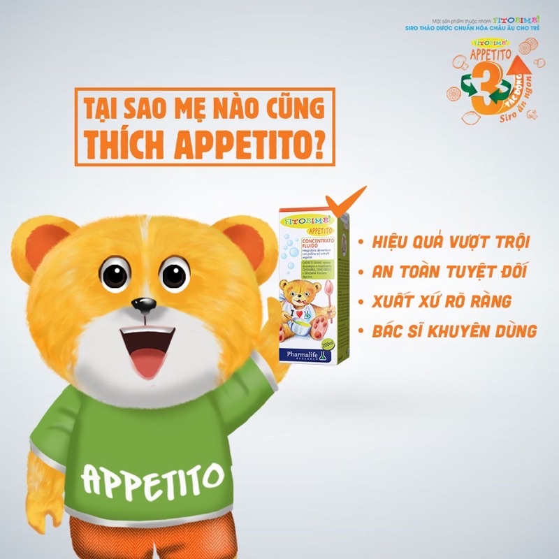 Fitobimbi Appetito, siro ăn ngon, giảm biếng ăn cho bé, giúp bé hấp thu dinh dưỡng hiệu quả (Chai 200ml)