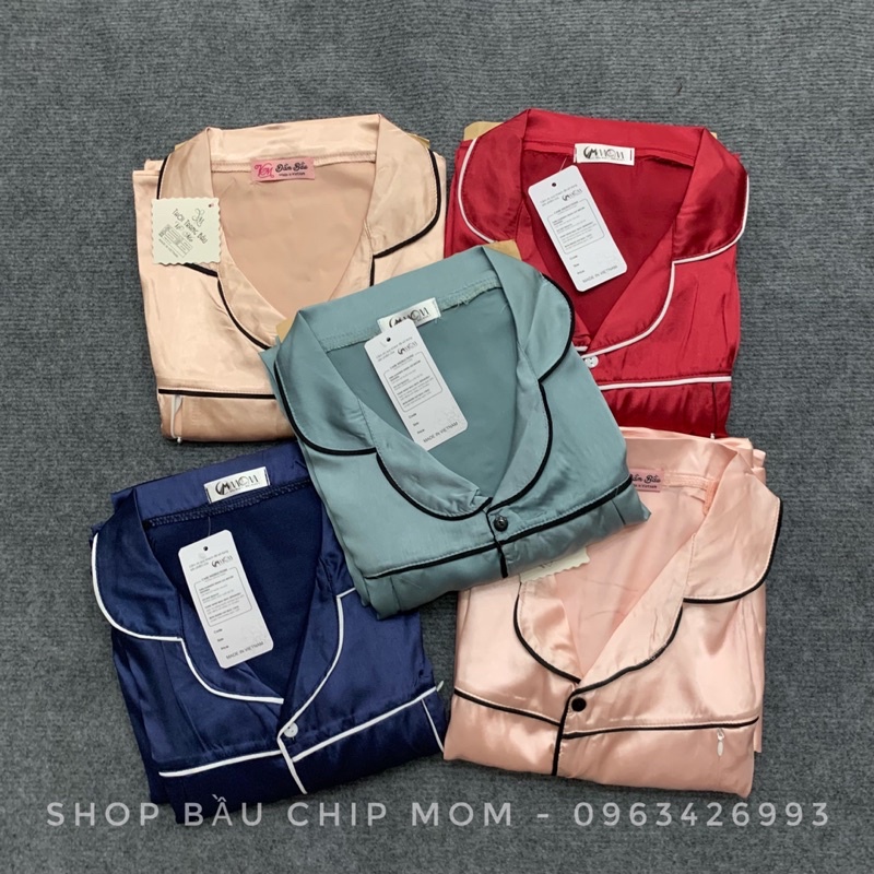Bộ Lụa Pijama Mặc Bầu và Sau sinh- Chất Lụa gấm đẹp, áo khoá kéo cho bé ti quần chun chỉnh thoải mái