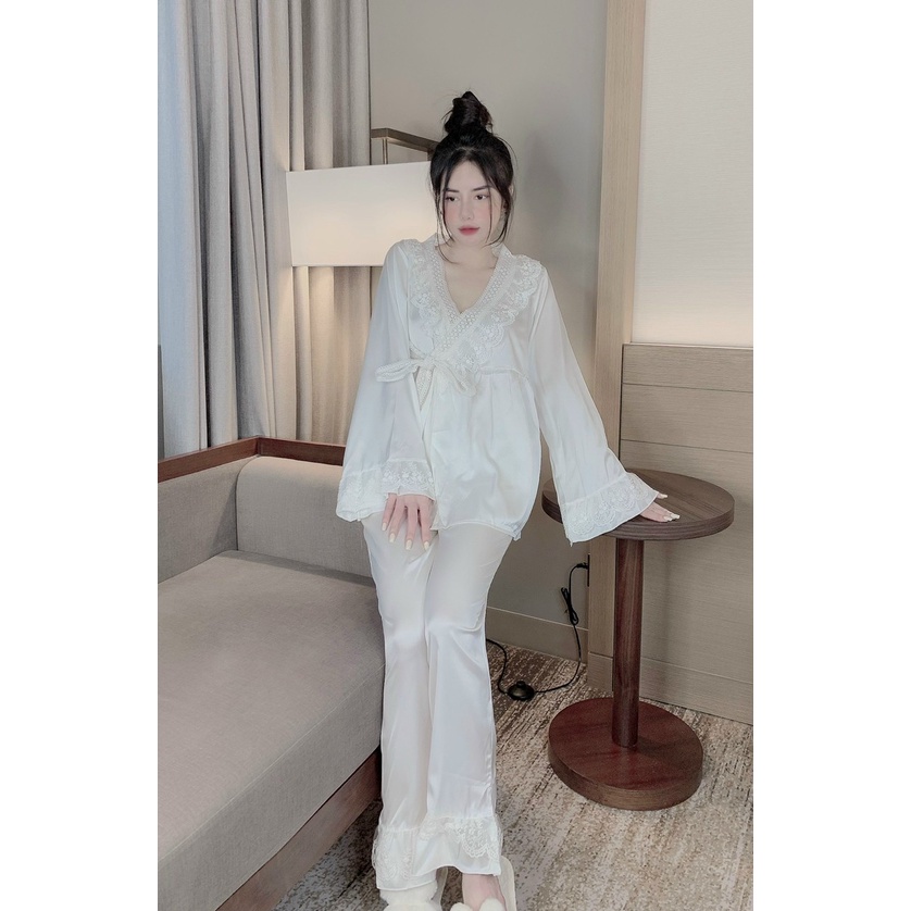 Đồ Ngủ, Pijama Kimono Tiểu Thư Tay Loe Phối Ren Chất Lụa Siêu Xinh - Đồ Bộ Nữ Mặc Nhà Freesize