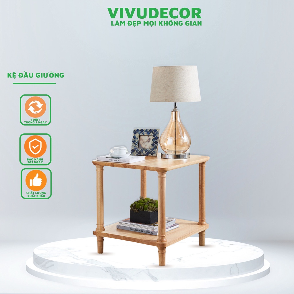 Kệ đầu giường Vivudecor 100% gỗ tự nhiên, Kệ gỗ 2 tầng lắp ráp đa năng sang trọng chất lượng Xuất Khẩu