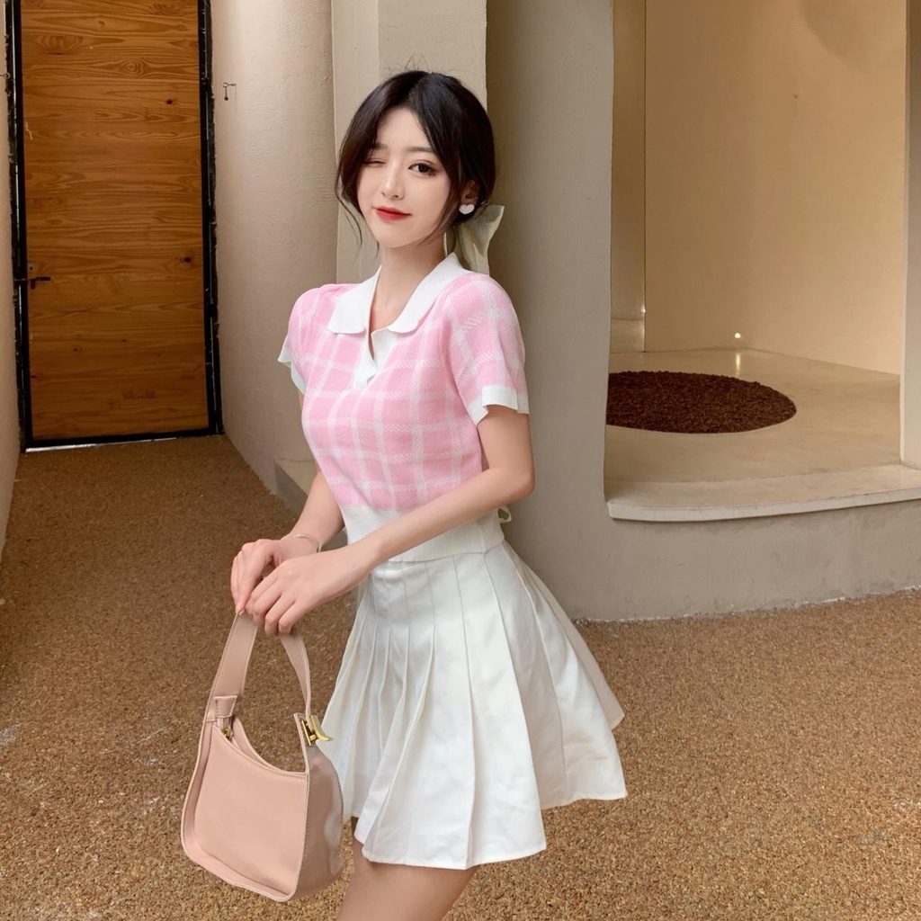 【Hana and Alice】Áo Thun POLO Dệt Kim Ngắn Tay Lưng Cao Gợi Cảm