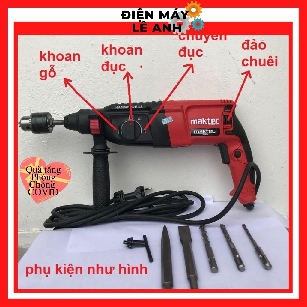 Máy khoan điện đục búa bê tông cầm tay 3 chức năng giá rẻ Maktec 2-26 100% dây đồng- Hàng thợ điện nước chuyên dùng