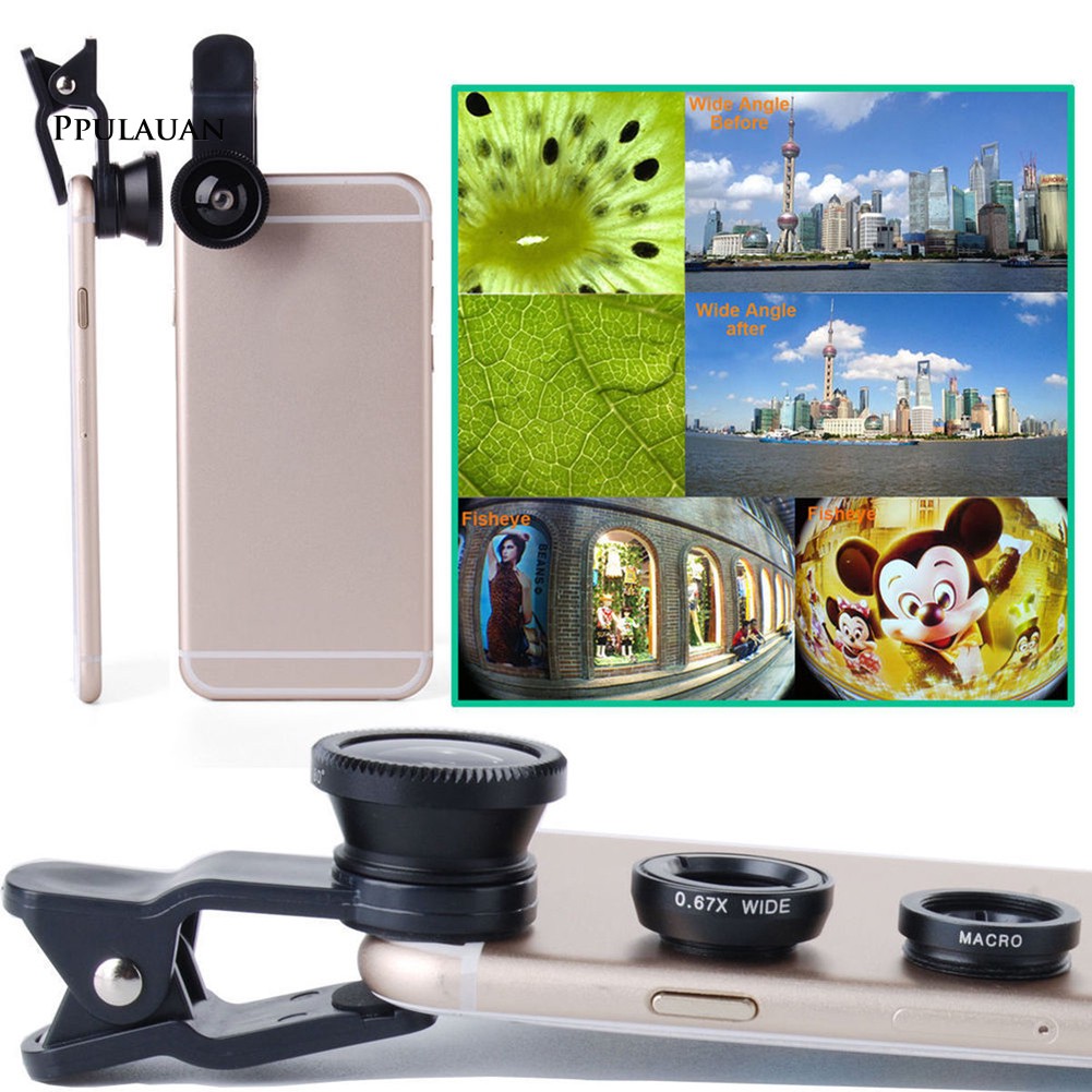 Ống kính camera rời dạng kẹp cho điện thoại 3 trong 1 kiểu mắt cá/ ống kính góc rộng/ ống kính Macro
