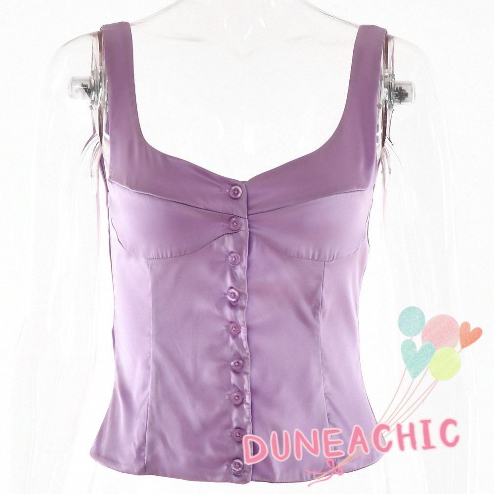 DUNEA Áo Tank Top Màu Trơn Hở Lưng Phối Nút Gợi Cảm Cho Nữ