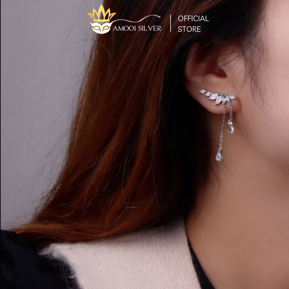 Bông Tai Bạc S925 Khuyên Vành Tai Mẫu Đôi Cánh Đính Đá Tua Rua - Amooi Silver AB74