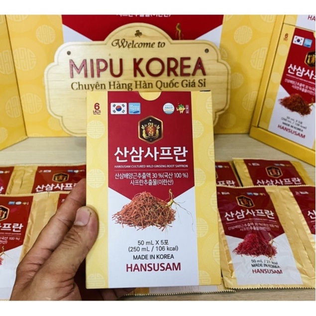 Nước Hồng Sâm Nhụy Hoa Nghệ Tây Saffron Hasusam Hàn Quốc Hộp 30 Gói * 50ml